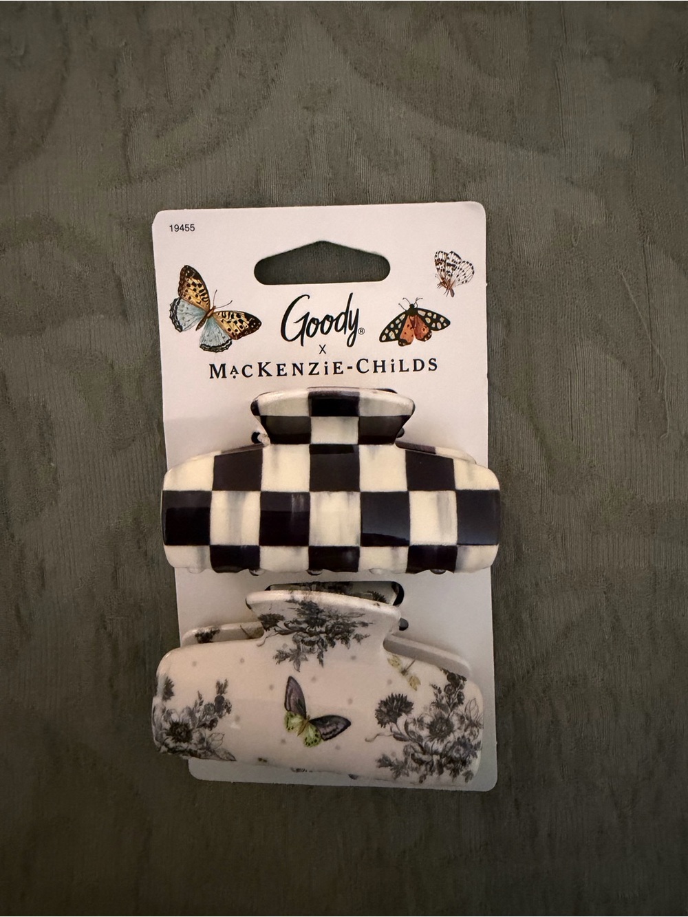MacKenzie-Childs Black & White Checker and Floral Butterfly Hair Claw Set